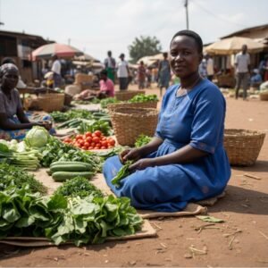 A woman is seated next to her fresh produce that she sells at a local market